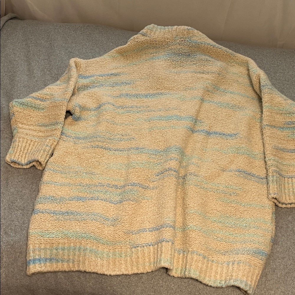 Pilcro Oversized Cardigan Sweater 1X Wool Blend Chunky Boxy Ivory Blue Grandma - Picture 9 of 12